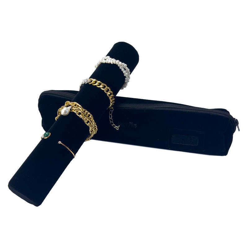 UnionPlus Velvet Jewelry Roll Bag for Brackets Bangles Watches, Great Jewelry Organizer for Travel, Black - Image 1